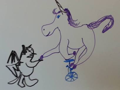 For no reason, a troll and a unicycling unicorn